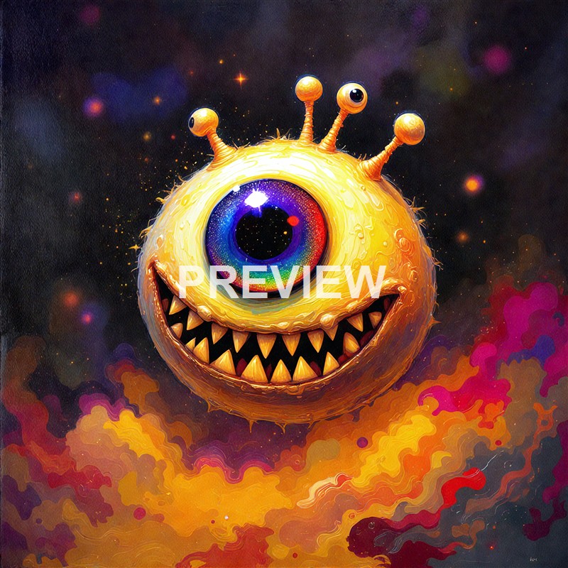 A fantastical, cartoonish creature with a large, rainbow-colored eye, a wide toothy grin, and three stalks with eyes on a cosmic, nebula-filled background.